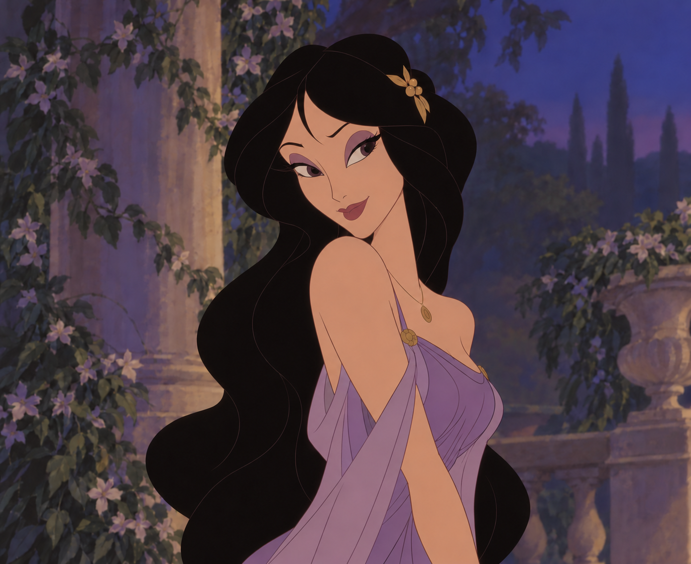 Original princess portrait inspired by DanDan, with long dark hair, beautiful lashes and a gold hair ornament